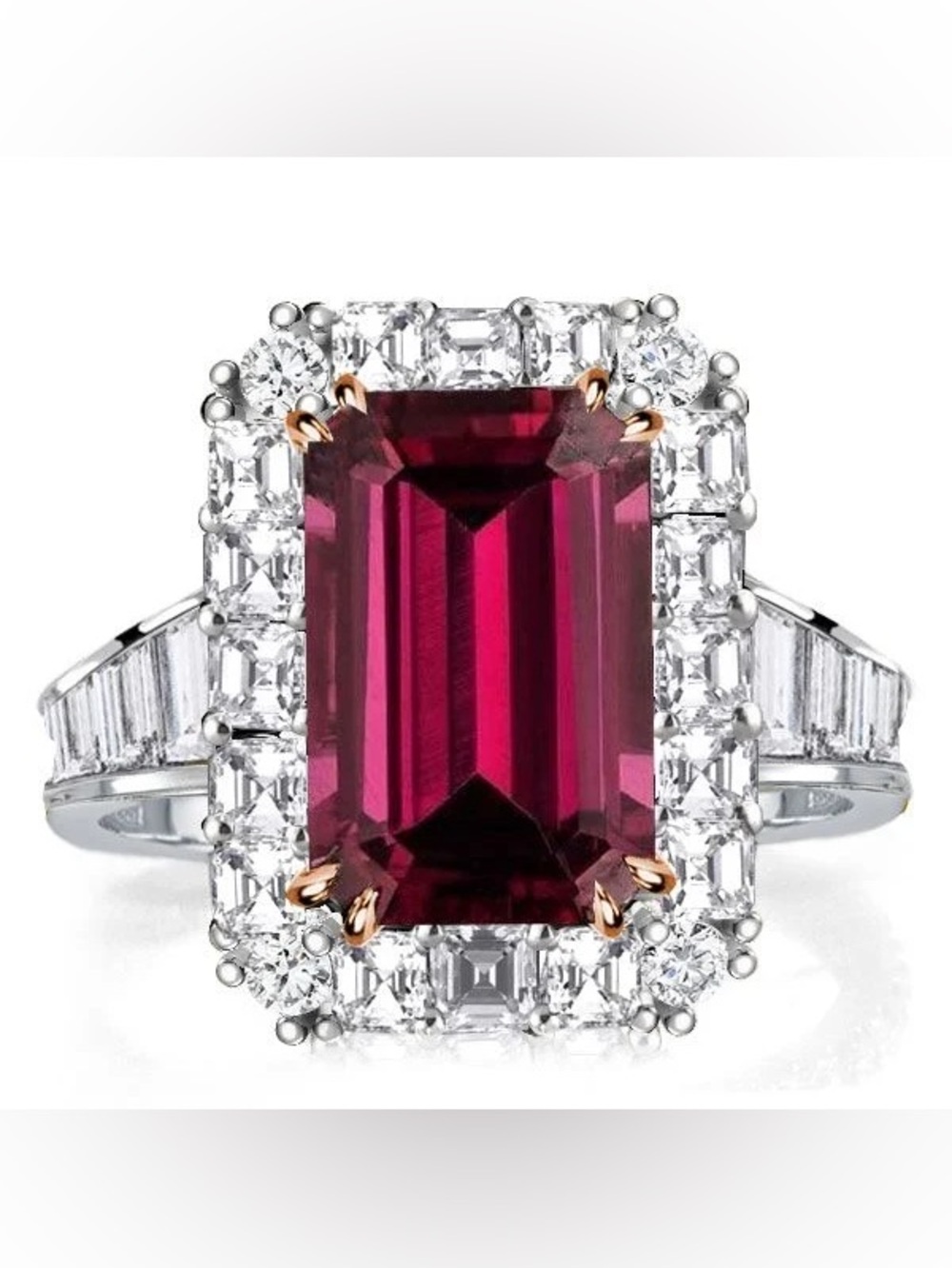 Italo Ruby Ring Halo Two Tone Emerald Cut Engagement Ring
